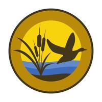Vector illustration of duck, swamp plant and water on a circular shape with space for text. Good for anything related to duck hunt, outdoor, camping.
