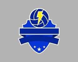 Vector illustration of volleyball, lightning, shield with ribbon space for text. Good for volleyball team.