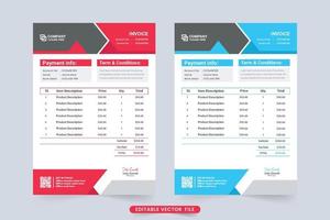 Creative minimal invoice and billing paper template vector. Payment receipt and digital business invoice design with red and blue colors. Product purchase cash receipt with price section. vector