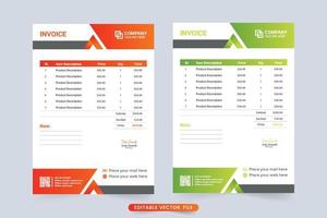 Corporate business invoice template vector with red and green color shade. Product purchase info tracker with payment agreement and invoice bill template. Cash receipt and payment bill invoice vector.