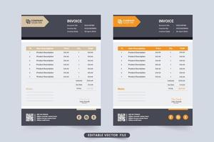 diseño de plantilla de factura comercial profesional con colores naranja y oscuros. vector de papel de registro de información de facturación y compra de productos. plantilla de factura moderna con formas abstractas y secciones de precios.