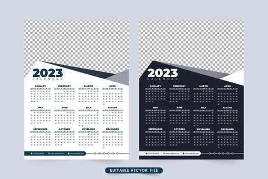 2023 new year wall calendar template vector. Annual business calendar design with black and white color. Simple calendar design and weekend planner with abstract shapes. The week starts on Sunday. vector