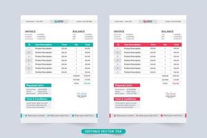 Payment receipt and invoice template decoration with blue and red colors. Creative business invoice template design for product information. Invoice template vector with payment agreement section.