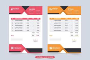 Minimal invoice template and price receipt vector with abstract shapes. Business vouchers and cash receipts vector with red and yellow colors. Payment Agreement and purchase info record paper vector.
