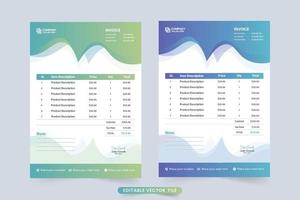 decoración moderna de facturas comerciales con secciones de precios e información comercial. diseño de plantilla de factura comercial con formas abstractas. factura creativa con vector de recibo de acuerdo de pago.