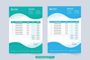 diseño de plantilla de factura comercial creativa con formas abstractas. plantilla de factura comercial corporativa con color verde y azul. vector de plantilla de factura y papel de acuerdo de pago.