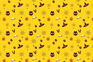 Halloween scary seamless pattern design with cat faces and witch hats. Abstract minimal pattern vector for Halloween event. Endless pattern with spider webs on a yellow background.