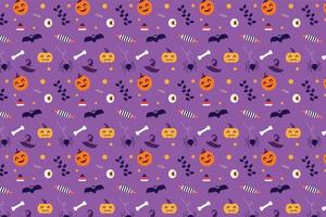 Halloween scary pattern decoration on a purple background. Halloween element pattern design for book covers, wallpapers, and bed sheets. Halloween minimal pattern vector with witchcraft and pumpkins.