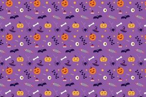 decoración de patrón de miedo de halloween sobre un fondo morado. diseño de patrones de elementos de halloween para portadas de libros, papeles pintados y sábanas. vector de patrón mínimo de halloween con brujería y calabazas.