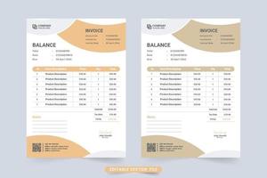 decoración de plantilla de factura mínima creativa con formas abstractas y sombra de color naranja. imprima el acuerdo de pago listo y el vector de papel de facturación. plantilla de factura y recibo de precio para empresas.