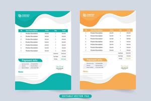 Modern company payment agreement invoice and product price receipt vector. Invoice Template decoration with yellow and blue color shade. Minimal invoice design with abstract shapes. vector