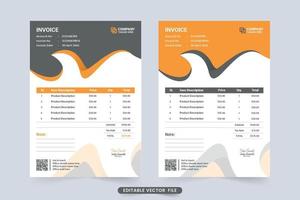 plantilla de factura comercial creativa con colores oscuros y naranjas. acuerdo de pago empresarial corporativo y vector de plantilla de papel de facturación. recibo de efectivo y diseño de papel de registro de información de producto para negocios.