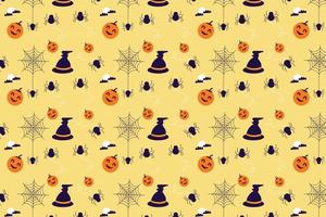 Cute Halloween pattern background vector with scary pumpkins and witch hats. Spooky Halloween pattern decoration for bed sheets or book covers. Halloween seamless pattern on a yellow background.