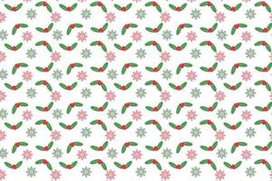 Abstract Christmas pattern vector with green leaves and red cherries. Christmas wrapping paper and book cover decoration pattern design. Minimal Christmas pattern on a white background with snowflakes