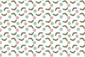 Abstract Christmas pattern vector with green leaves and red cherries. Christmas wrapping paper and book cover decoration pattern design. Minimal Christmas pattern on a white background with snowflakes