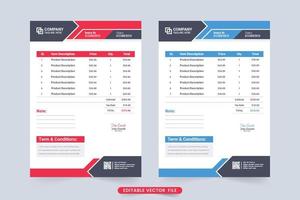 Cash receipt and minimal invoice template vector with abstract shapes. Corporate invoice design with blue and red colors. Payment receipt and agreement info tracker for modern business.