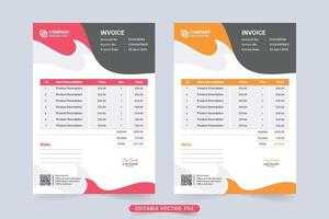 Invoice template vector with abstract shapes and dark color. Payment receipt decoration with red and orange colors and product price section. Professional business invoice template vector.