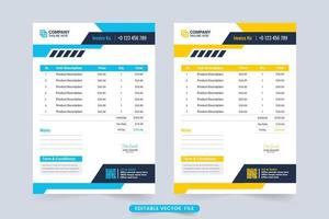 Invoice template and billing paper layout design for modern business. Payment agreement and cash receipt vector with yellow and blue color. Minimalist invoice template and product purchase receipt.