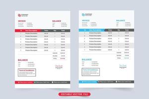 Simple minimalist invoice design with red and blue color. Business information and purchase receipt decoration vector. Invoice template and cash receipt design with payment agreement sections. vector