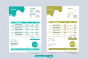 Payment agreement and invoice bill template vector with abstract shapes. Business invoice template and purchase agreement receipt design with blue and green colors. Price receipt template vector.