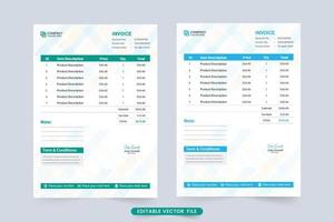 acuerdo de pago y plantilla de factura con formas digitales. factura comercial y vector de plantilla de recibo de pago. diseño de recibos de efectivo con formas de color verde y azul. decoración de facturas corporativas.