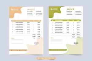 Invoice template vector with green and light orange colors. Creative invoice design with abstract shapes. Business invoice template with purchase info and price sections. Price receipt template.