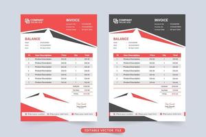 vector de plantilla de factura y papelería comercial. diseño de recibos de efectivo con formas abstractas y colores rojo y negro. acuerdo de pago y plantilla de factura para negocios corporativos.