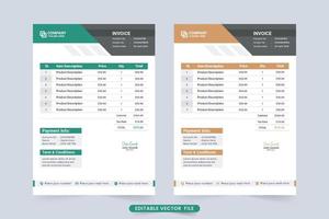 Payment agreement and invoice bill template vector. Corporate invoice decoration with orange and green shades. Business invoice template design with billing and payment agreement section. vector