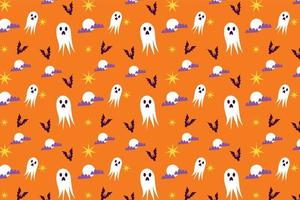 Halloween spooky pattern texture for book cover or bed sheet. Halloween pattern vector on an orange background. Endless pattern decoration with scary ghosts and bats elements.