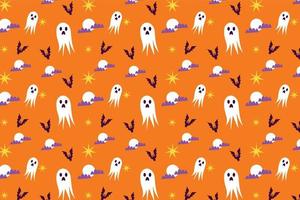 textura de patrón espeluznante de halloween para portada de libro o sábana. vector patrón de halloween sobre un fondo naranja. decoración de patrones sin fin con fantasmas aterradores y elementos de murciélagos.