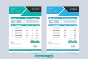 Minimal invoice template vector for modern business. Payment receipt and company billing paper with green and blue colors. Creative cash receipt design with modern shapes.