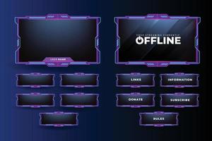 Online game streaming overlay vector for live gamers. Modern offline gaming frame design with colorful buttons. Purple and cyan color live stream screen overlay. Futuristic gaming screen panel vector.