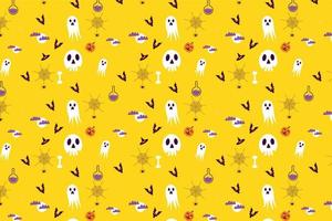 diseño interminable de patrones de halloween con diferentes elementos aterradores sobre un fondo amarillo. decoración abstracta de patrones de halloween para portadas de libros, fondos y sábanas. vector de patrones sin fisuras.