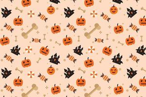 Abstract Halloween pattern design with smiling pumpkins and bones vector. Halloween seamless pattern vector for wallpapers, wrapping papers, and bed sheets. Minimal pattern decoration for Halloween.