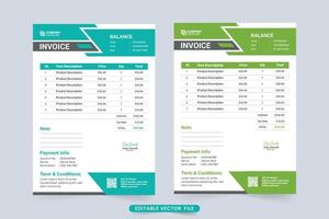 Minimalist payment receipt and business invoice vector. Invoice template decoration with blue and green colors. Payment agreement and invoice bill template design for modern business. vector