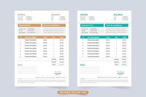 Corporate invoice template with brown and blue color vector. Cash receipt and billing paper decoration with modern shapes. Product buy and selling info tracker and payment agreement paper for business vector