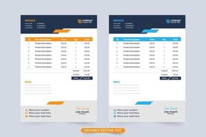 Modern business invoice template decoration with blue and yellow colors. Product information and price receipt design. Minimal invoice template and cash receipt vector for corporate business.