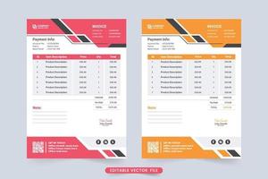 Modern corporate invoice vector with digital shapes. Cash receipt and payment agreement paper layout design with red and orange colors. Minimal invoice template with product price section.