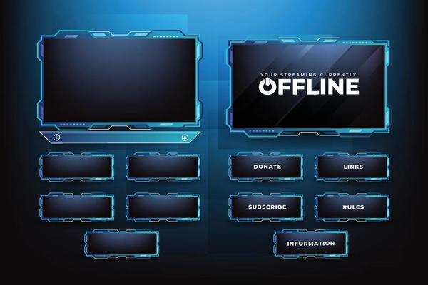 Futuristic gaming screen panel and border design vector. Live gaming overlay decoration with blue color shade and dark background. Modern streaming overlay vector with colorful buttons for gamers.
