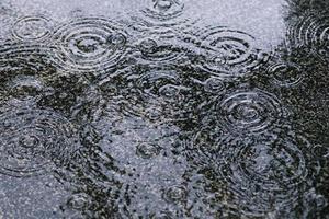 gotas de lluvia en el agua pesada sobre sombra de asfalto de sombra negra y reflejo del cielo oscuro en la ciudad. alto contraste durante el otoño foto