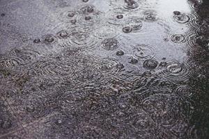 gotas de lluvia en el agua pesada sobre sombra de asfalto de sombra negra y reflejo del cielo oscuro en la ciudad. alto contraste durante el otoño foto