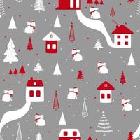 Funny seamless vector pattern with rabbit, houses, snowflakes and Christmas tree. Can be used  for fabric, phone case and wrapping paper. New year 2023.