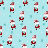 Seamless winter pattern. Print with funny dwarf, gift and snowflakes. vector