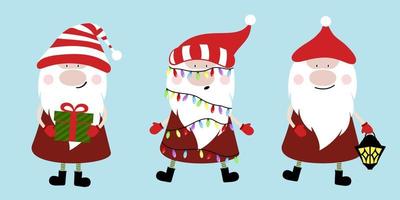 Christmas gnomes collection. Xmas decorating design. Winter traditional celebration decoration. Funny little gnome, elves, gnomies, dwarf. vector