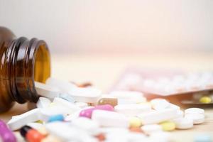 Many type of medical drugs pills capsules and medicine pouring from the bottle on wooden table with isolation background in white. Used for manufacturing health industry concept. photo