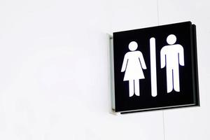 Toilet sign icons set. Man and woman WC signs for restroom on white wall background. Leave space to write a message. Restroom Concept photo