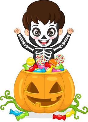 Cute skeleton boy with basket of candies