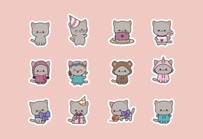 Set isolated cute  kitty kawaii chibi style sticker. Cat character. Vector Illustration