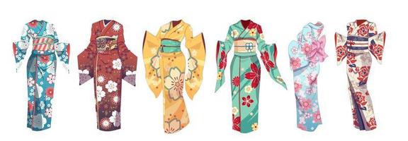 Set of traditional Asian, Japanese clothes kimono. Summer clothing - yukata. Vector illustration on isolated background