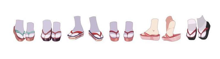 Japanese shoes - geta, zori. Sandles for girl kimono traditional costume. Set of feet in socks. Vector illustration